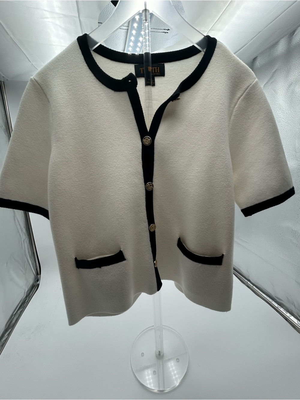 Cream Short-Sleeve Cardigan with Black Trim
